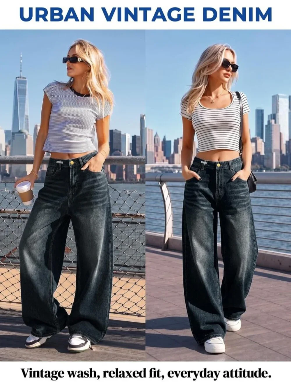 Women's Blue Denim Y2k Straight Leg Button Zipper High Waisted Baggy Jeans